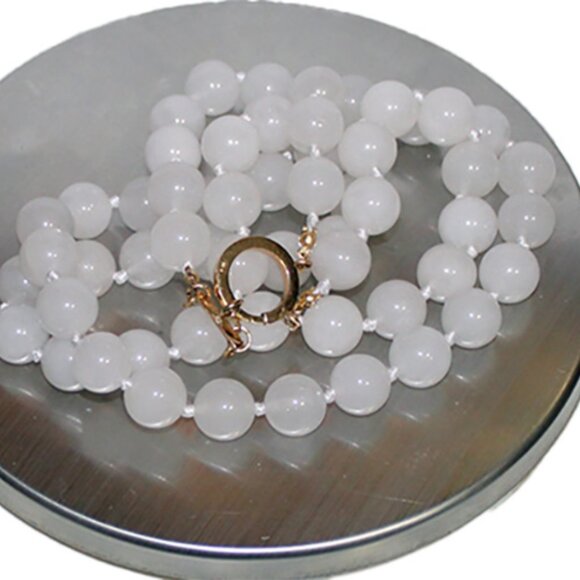 14K WHITE JADE NECKLACE - 12.5 MM STONES - 2 STRAND - Picture 6 of 11